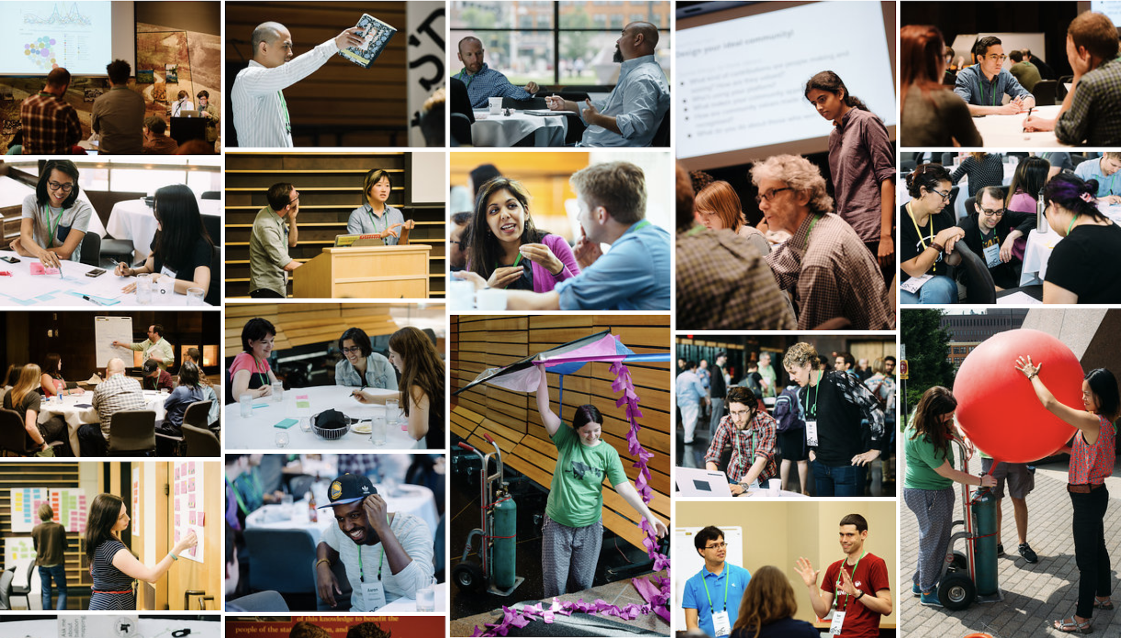 A collage of photos, all of participants talking, working on projects, or collaborating.